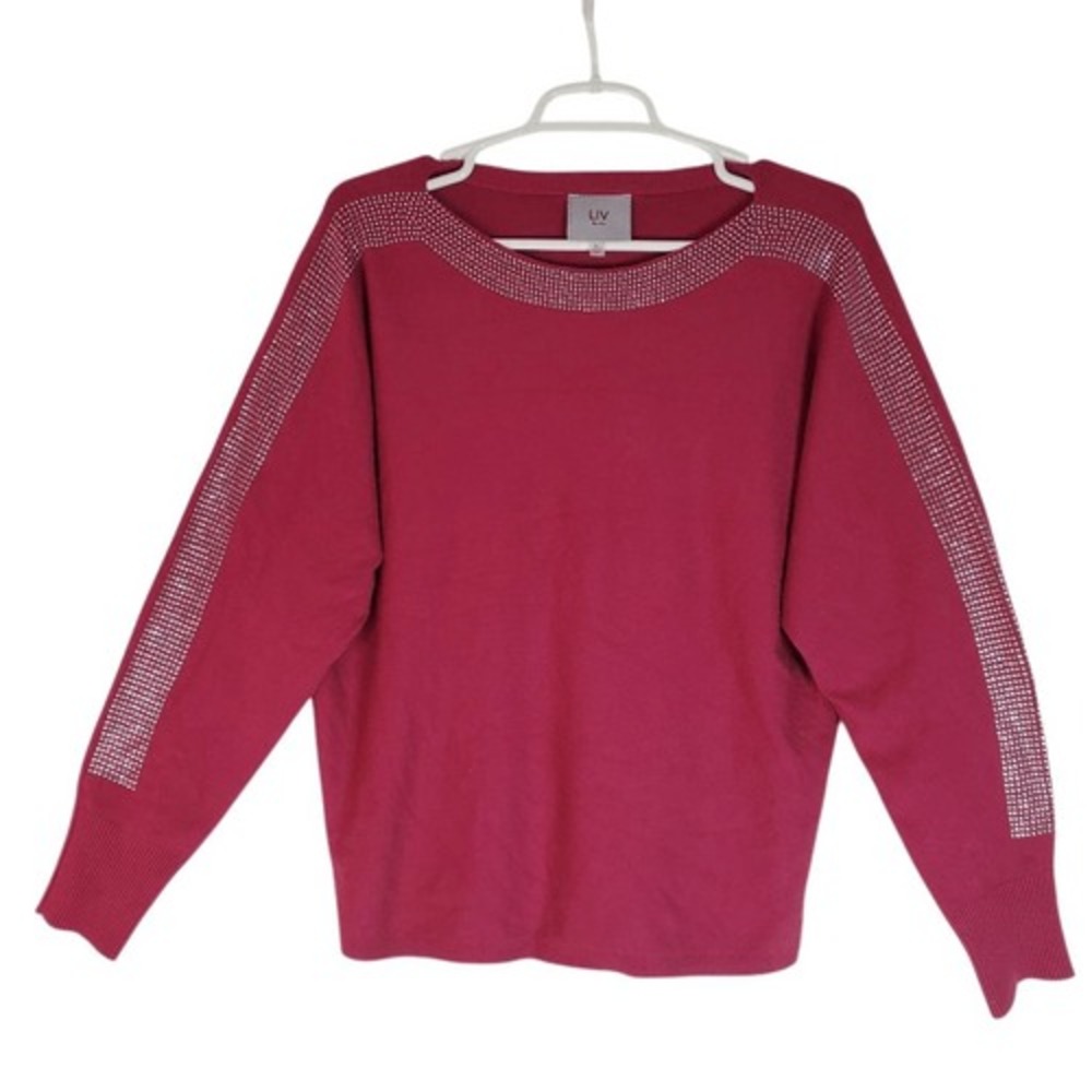 Liv Milano Silver Rhinestones Boat Neck Dolman Long Sleeve Sweater‎ Red Large